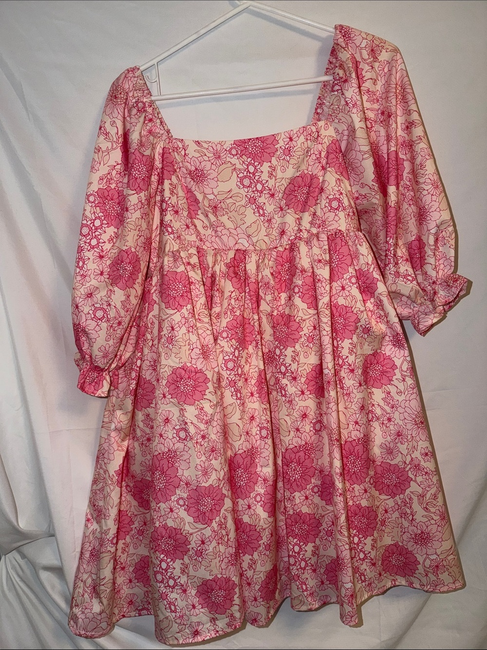 Sky Pink Floral Puff-Sleeve Square-Neck Casual Dress